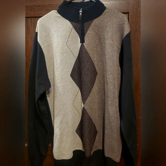 Studio by Omega Argyle Sweater Men's XL Brown Blue 1/4 Zip Long Sleeve, EUC Nice - Picture 1 of 3